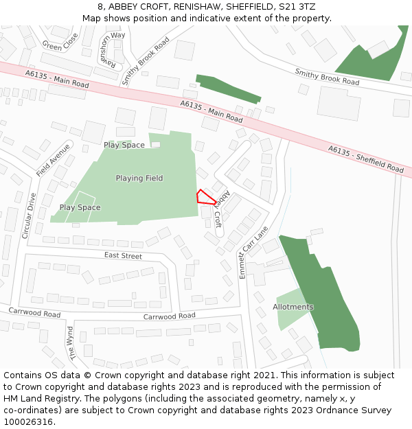 8, ABBEY CROFT, RENISHAW, SHEFFIELD, S21 3TZ: Location map and indicative extent of plot