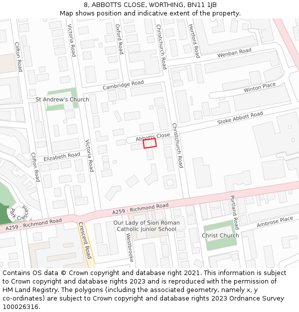 8, ABBOTTS CLOSE, WORTHING, BN11 1JB: Location map and indicative extent of plot