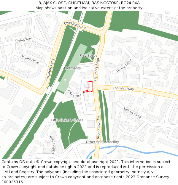 8, AJAX CLOSE, CHINEHAM, BASINGSTOKE, RG24 8XA: Location map and indicative extent of plot