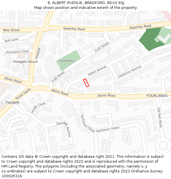 8, ALBERT AVENUE, BRADFORD, BD10 9QJ: Location map and indicative extent of plot