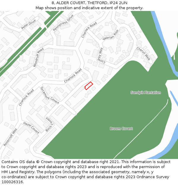 8, ALDER COVERT, THETFORD, IP24 2UN: Location map and indicative extent of plot