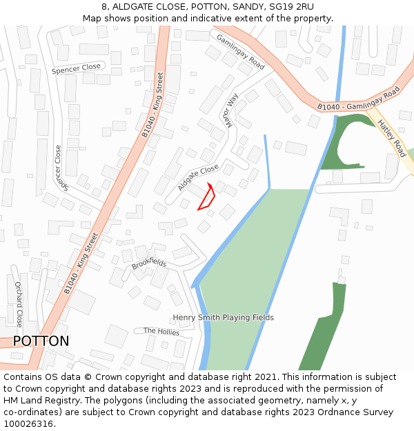 8, ALDGATE CLOSE, POTTON, SANDY, SG19 2RU: Location map and indicative extent of plot