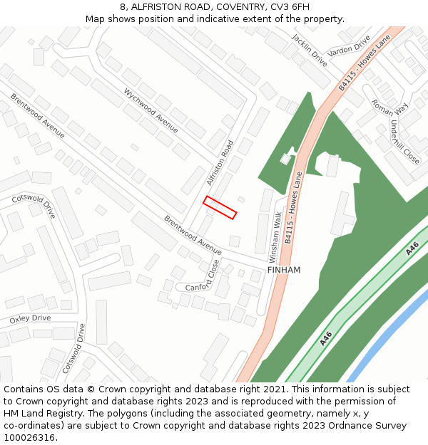 8, ALFRISTON ROAD, COVENTRY, CV3 6FH: Location map and indicative extent of plot
