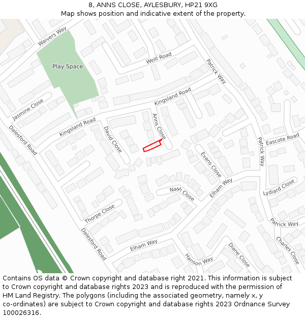 8, ANNS CLOSE, AYLESBURY, HP21 9XG: Location map and indicative extent of plot