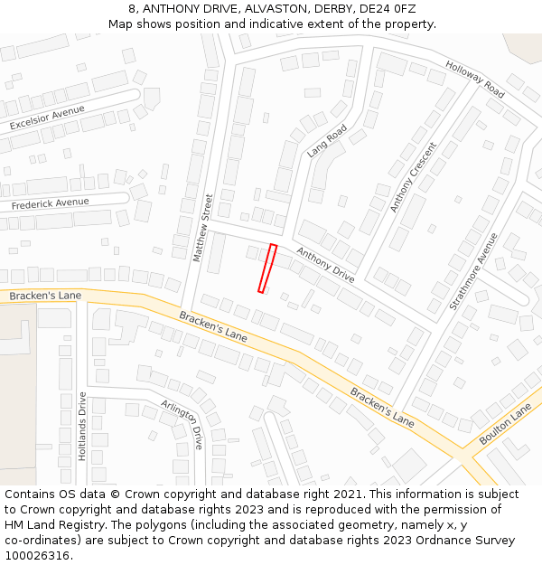 8, ANTHONY DRIVE, ALVASTON, DERBY, DE24 0FZ: Location map and indicative extent of plot