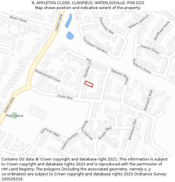 8, APPLETON CLOSE, CLANFIELD, WATERLOOVILLE, PO8 0ZG: Location map and indicative extent of plot
