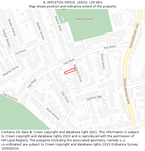 8, APPLETON GROVE, LEEDS, LS9 9EN: Location map and indicative extent of plot