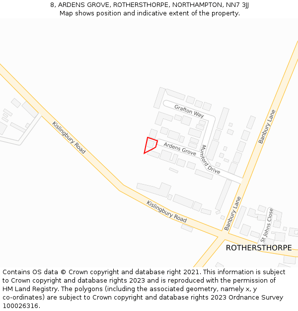 8, ARDENS GROVE, ROTHERSTHORPE, NORTHAMPTON, NN7 3JJ: Location map and indicative extent of plot