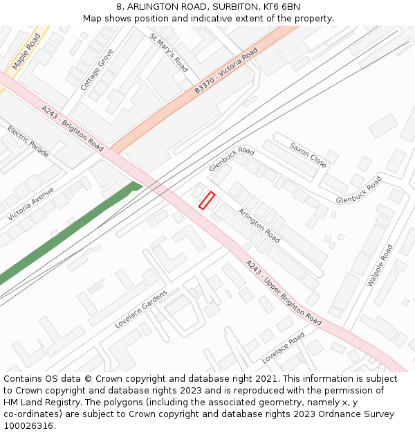 8, ARLINGTON ROAD, SURBITON, KT6 6BN: Location map and indicative extent of plot