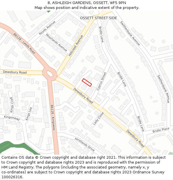 8, ASHLEIGH GARDENS, OSSETT, WF5 9PN: Location map and indicative extent of plot