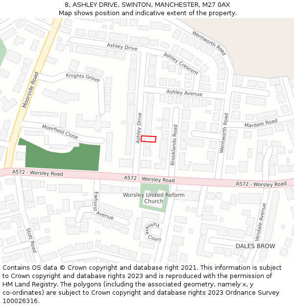 8, ASHLEY DRIVE, SWINTON, MANCHESTER, M27 0AX: Location map and indicative extent of plot
