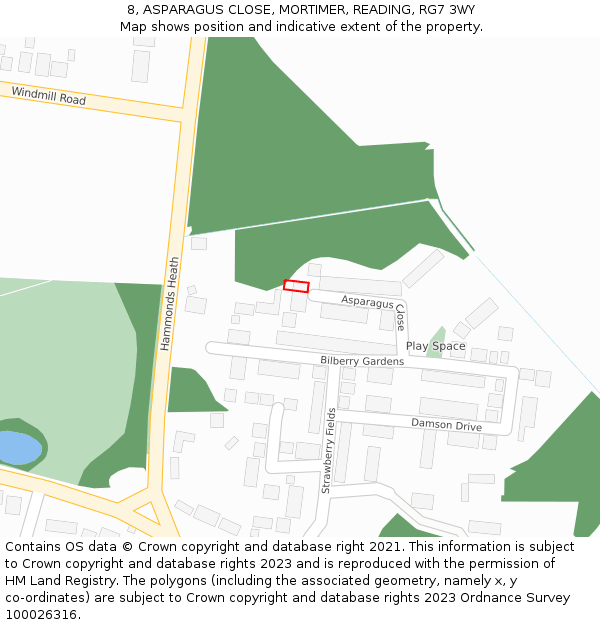 8, ASPARAGUS CLOSE, MORTIMER, READING, RG7 3WY: Location map and indicative extent of plot