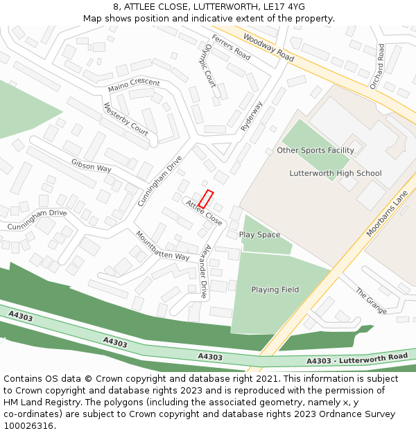 8, ATTLEE CLOSE, LUTTERWORTH, LE17 4YG: Location map and indicative extent of plot