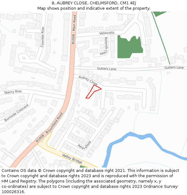 8, AUBREY CLOSE, CHELMSFORD, CM1 4EJ: Location map and indicative extent of plot