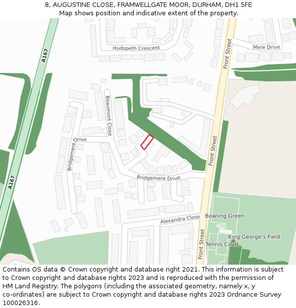 8, AUGUSTINE CLOSE, FRAMWELLGATE MOOR, DURHAM, DH1 5FE: Location map and indicative extent of plot