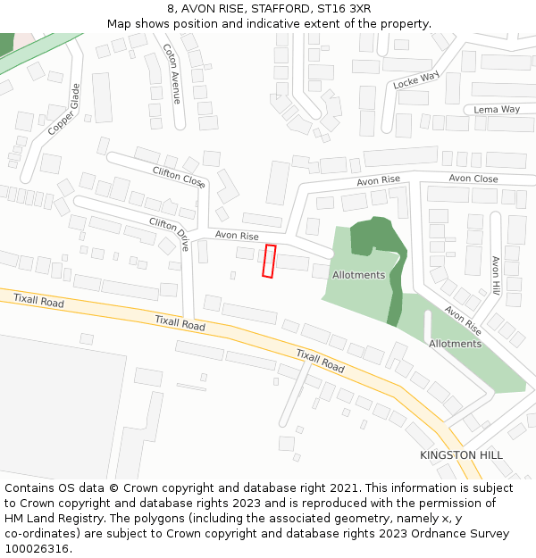 8, AVON RISE, STAFFORD, ST16 3XR: Location map and indicative extent of plot