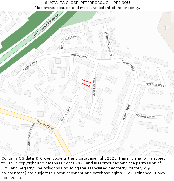8, AZALEA CLOSE, PETERBOROUGH, PE3 9QU: Location map and indicative extent of plot
