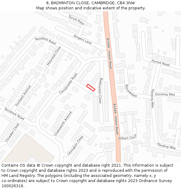 8, BADMINTON CLOSE, CAMBRIDGE, CB4 3NW: Location map and indicative extent of plot
