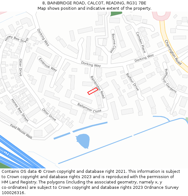 8, BAINBRIDGE ROAD, CALCOT, READING, RG31 7BE: Location map and indicative extent of plot
