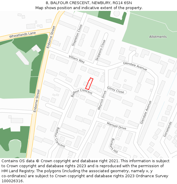 8, BALFOUR CRESCENT, NEWBURY, RG14 6SN: Location map and indicative extent of plot