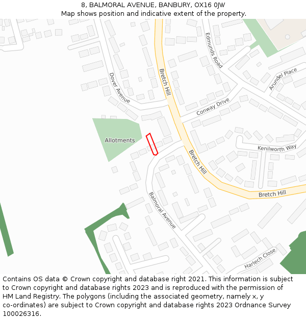 8, BALMORAL AVENUE, BANBURY, OX16 0JW: Location map and indicative extent of plot