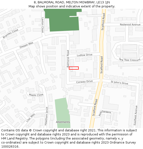 8, BALMORAL ROAD, MELTON MOWBRAY, LE13 1JN: Location map and indicative extent of plot