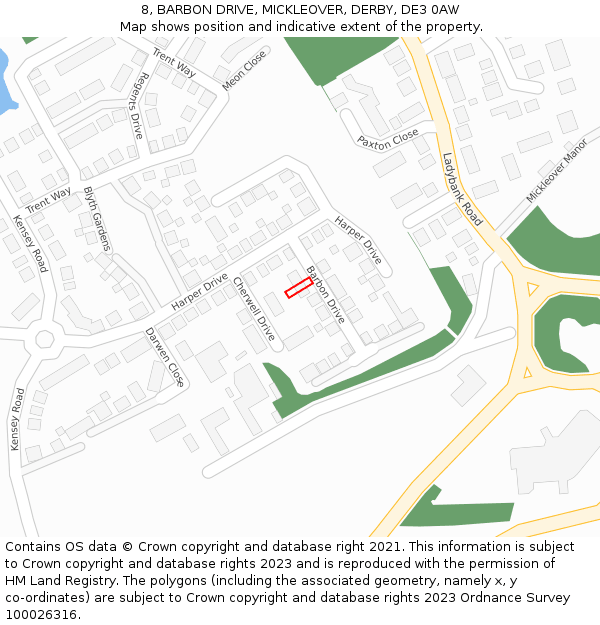 8, BARBON DRIVE, MICKLEOVER, DERBY, DE3 0AW: Location map and indicative extent of plot