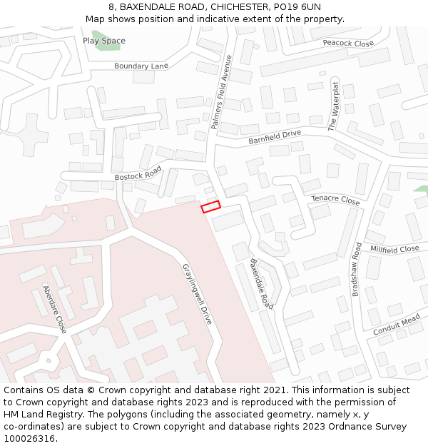 8, BAXENDALE ROAD, CHICHESTER, PO19 6UN: Location map and indicative extent of plot