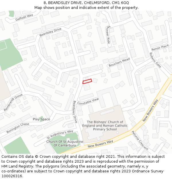 8, BEARDSLEY DRIVE, CHELMSFORD, CM1 6GQ: Location map and indicative extent of plot
