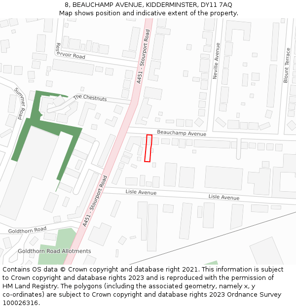 8, BEAUCHAMP AVENUE, KIDDERMINSTER, DY11 7AQ: Location map and indicative extent of plot