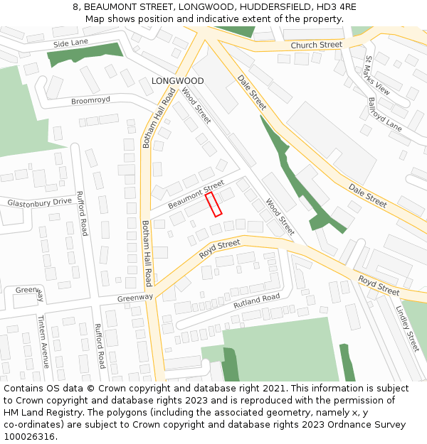 8, BEAUMONT STREET, LONGWOOD, HUDDERSFIELD, HD3 4RE: Location map and indicative extent of plot