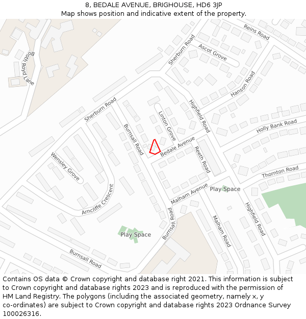 8, BEDALE AVENUE, BRIGHOUSE, HD6 3JP: Location map and indicative extent of plot