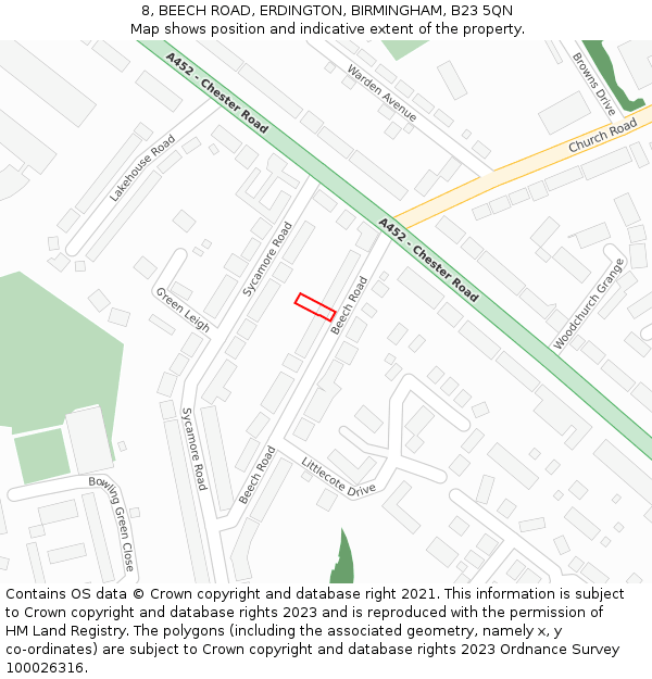 8, BEECH ROAD, ERDINGTON, BIRMINGHAM, B23 5QN: Location map and indicative extent of plot