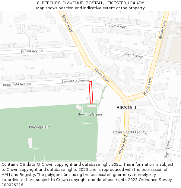 8, BEECHFIELD AVENUE, BIRSTALL, LEICESTER, LE4 4DA: Location map and indicative extent of plot