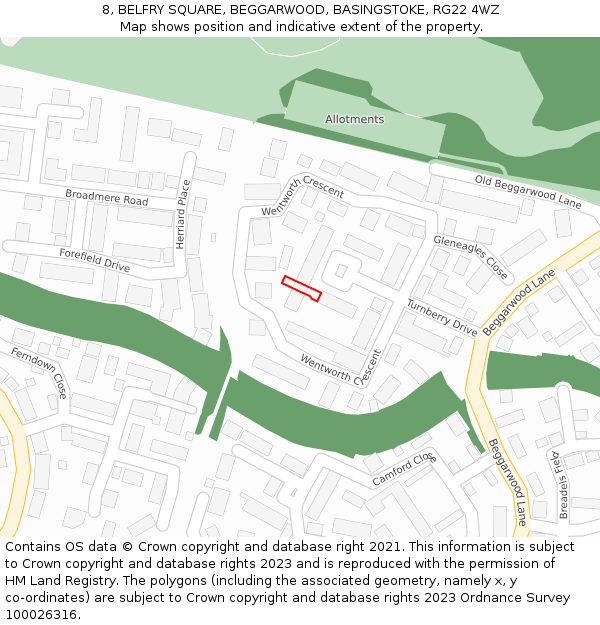 8, BELFRY SQUARE, BEGGARWOOD, BASINGSTOKE, RG22 4WZ: Location map and indicative extent of plot
