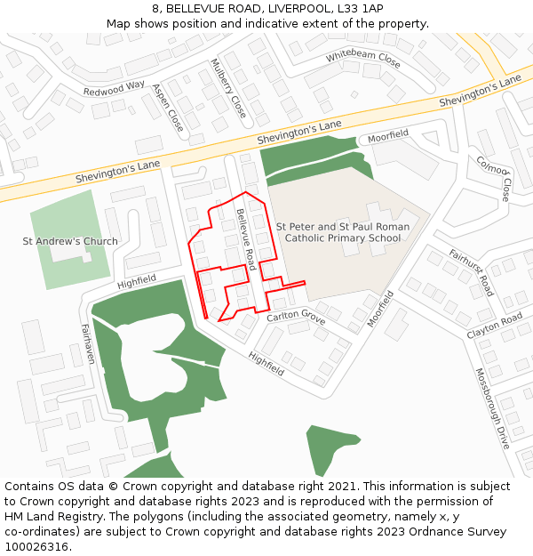 8, BELLEVUE ROAD, LIVERPOOL, L33 1AP: Location map and indicative extent of plot