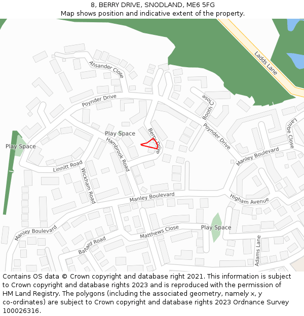 8, BERRY DRIVE, SNODLAND, ME6 5FG: Location map and indicative extent of plot
