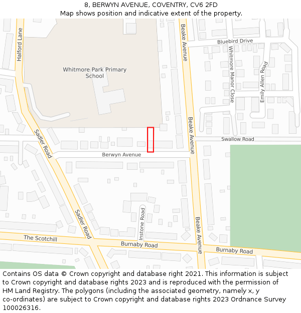 8, BERWYN AVENUE, COVENTRY, CV6 2FD: Location map and indicative extent of plot