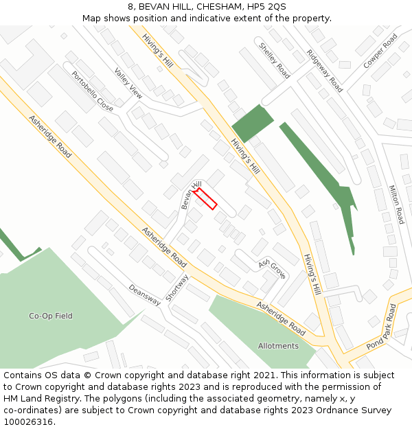 8, BEVAN HILL, CHESHAM, HP5 2QS: Location map and indicative extent of plot
