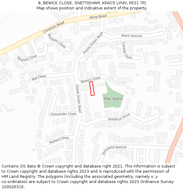 8, BEWICK CLOSE, SNETTISHAM, KING'S LYNN, PE31 7PJ: Location map and indicative extent of plot