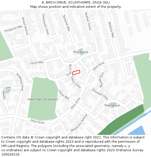 8, BIRCH DRIVE, SCUNTHORPE, DN16 3GU: Location map and indicative extent of plot