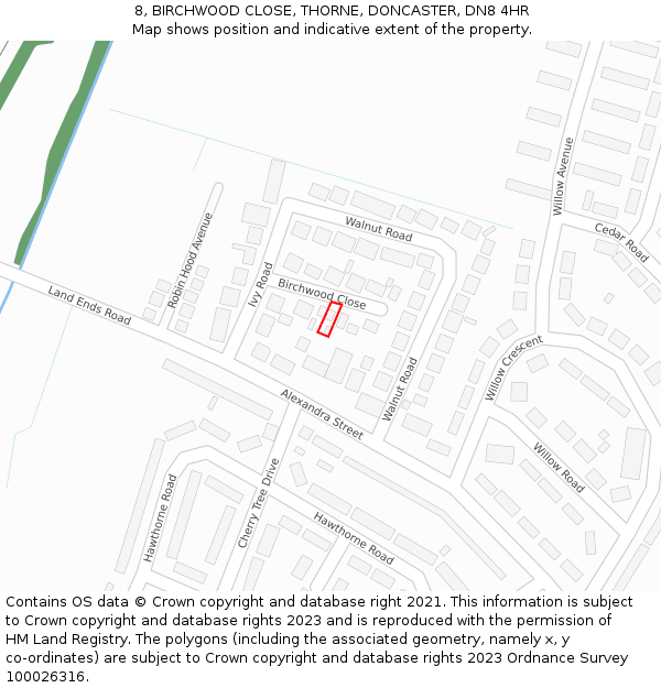 8, BIRCHWOOD CLOSE, THORNE, DONCASTER, DN8 4HR: Location map and indicative extent of plot