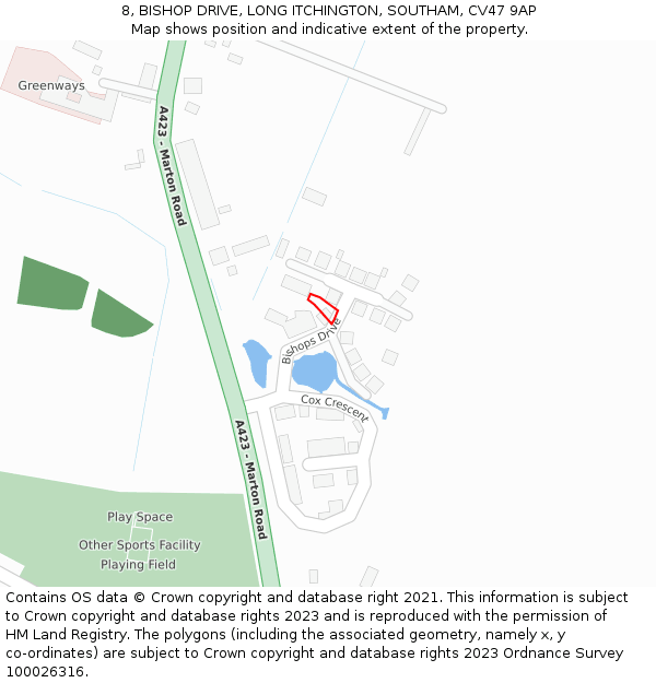 8, BISHOP DRIVE, LONG ITCHINGTON, SOUTHAM, CV47 9AP: Location map and indicative extent of plot