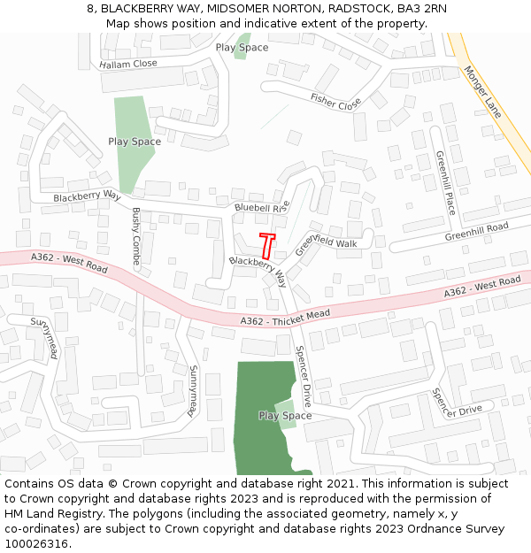 8, BLACKBERRY WAY, MIDSOMER NORTON, RADSTOCK, BA3 2RN: Location map and indicative extent of plot