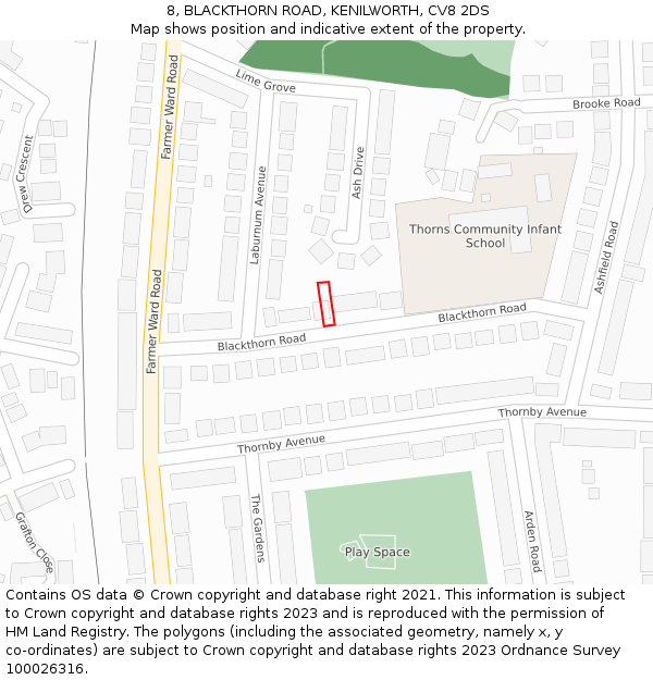 8, BLACKTHORN ROAD, KENILWORTH, CV8 2DS: Location map and indicative extent of plot