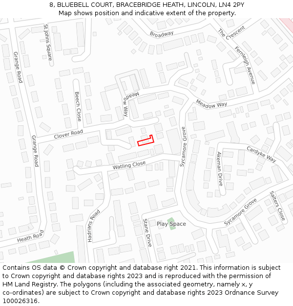 8, BLUEBELL COURT, BRACEBRIDGE HEATH, LINCOLN, LN4 2PY: Location map and indicative extent of plot