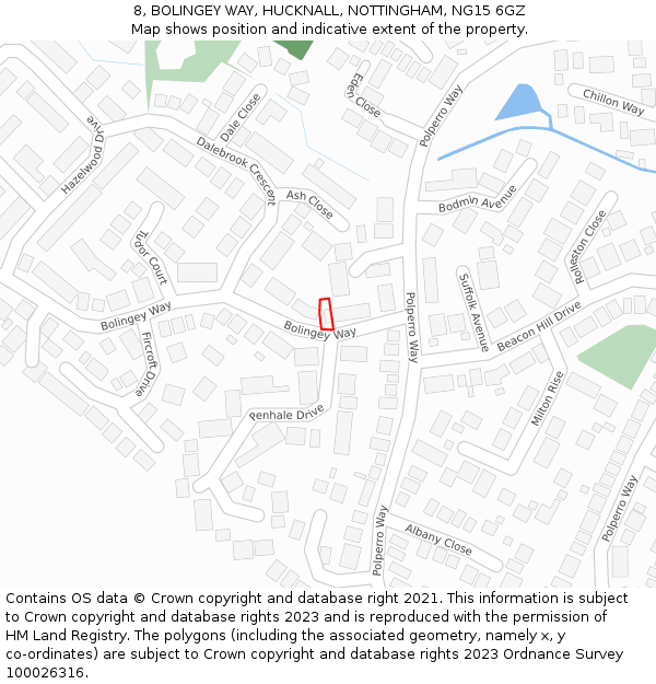 8, BOLINGEY WAY, HUCKNALL, NOTTINGHAM, NG15 6GZ: Location map and indicative extent of plot