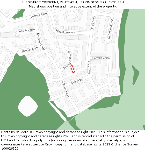 8, BOLYFANT CRESCENT, WHITNASH, LEAMINGTON SPA, CV31 2RH: Location map and indicative extent of plot