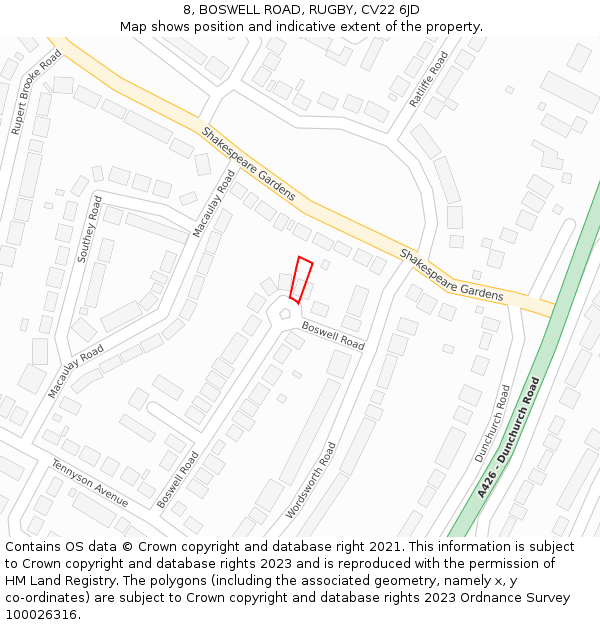8, BOSWELL ROAD, RUGBY, CV22 6JD: Location map and indicative extent of plot