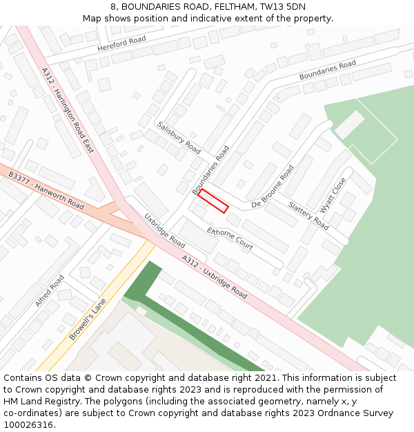 8, BOUNDARIES ROAD, FELTHAM, TW13 5DN: Location map and indicative extent of plot